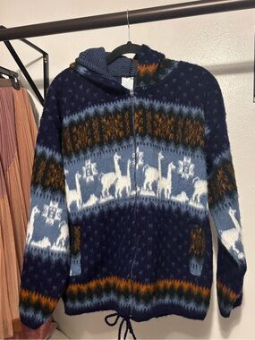 Vintage Hand-Knit Ecuadorian Alpaca Wool Llama Hoodie Sz:Large